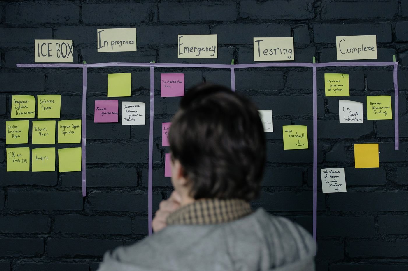 Personne devant un tableau Kanban couvert de post-it de couleur, en train d’organiser les priorités du backlog