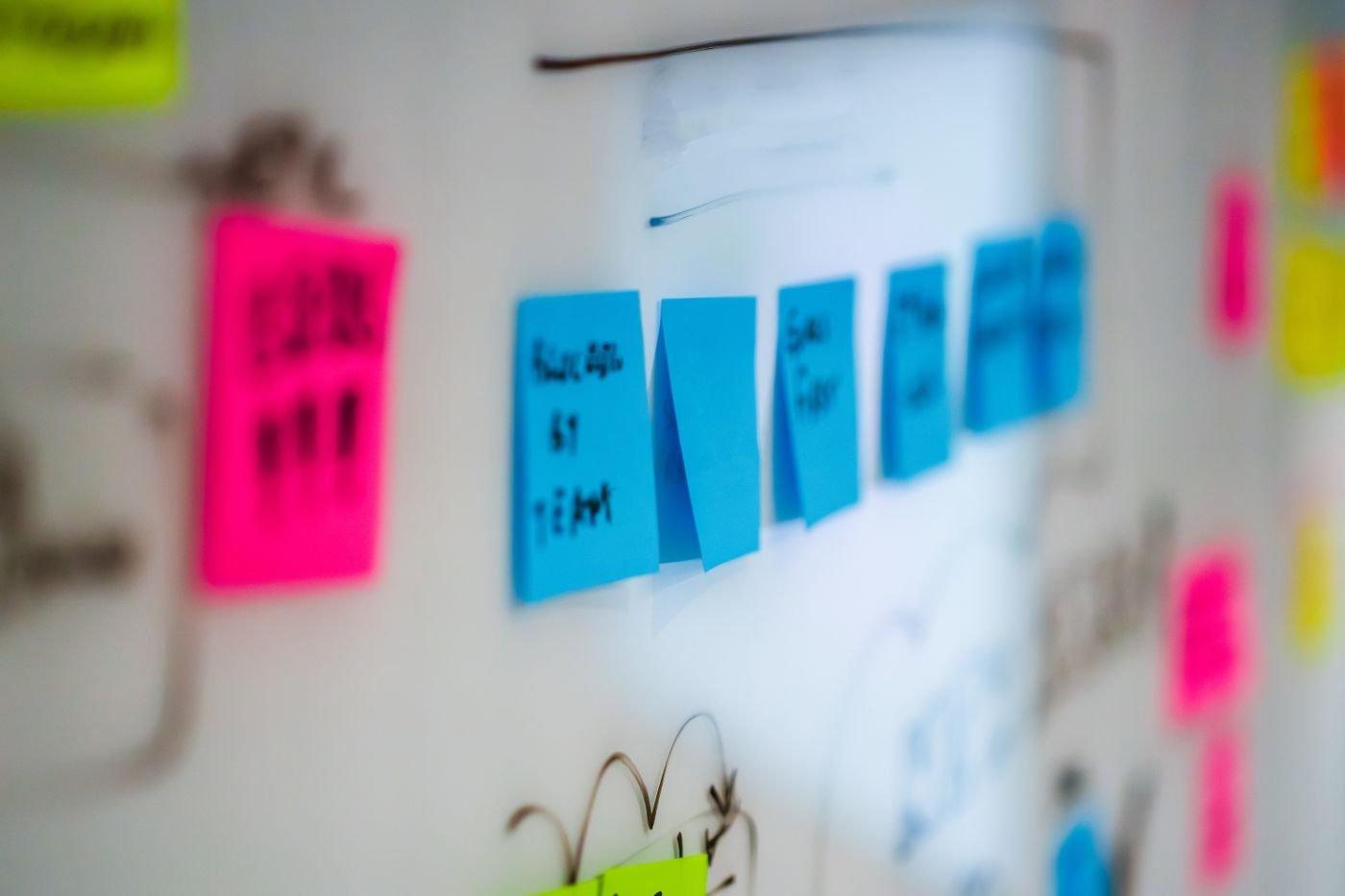 Post-it d’idées et d’hypothèses collés sur un tableau blanc pendant un atelier de product discovery